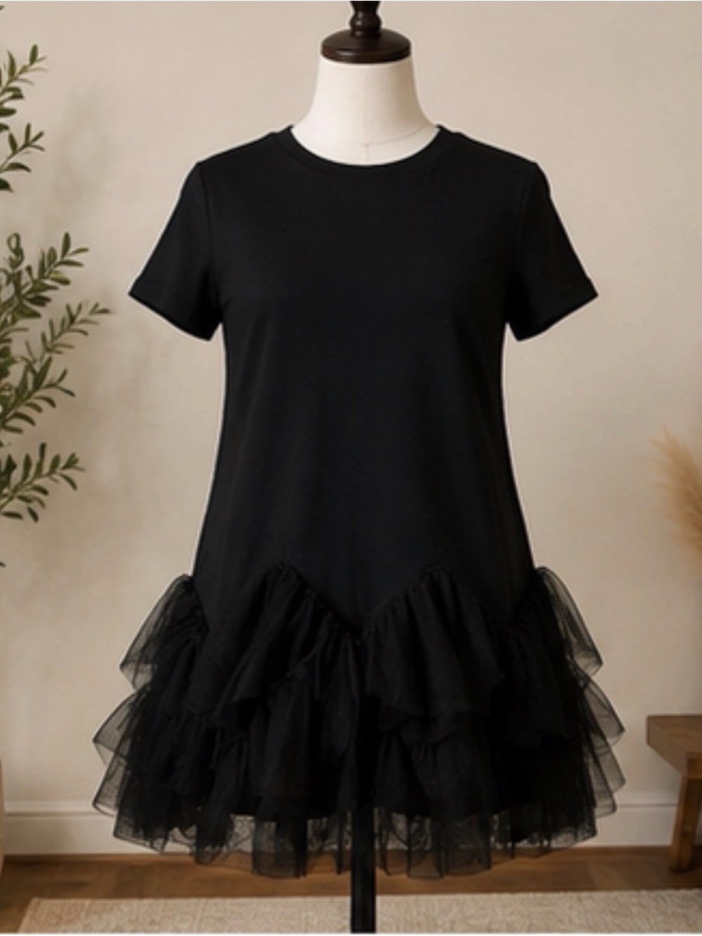 Black Short Sleeve Mini Dress with Tulle Ruffle Hem